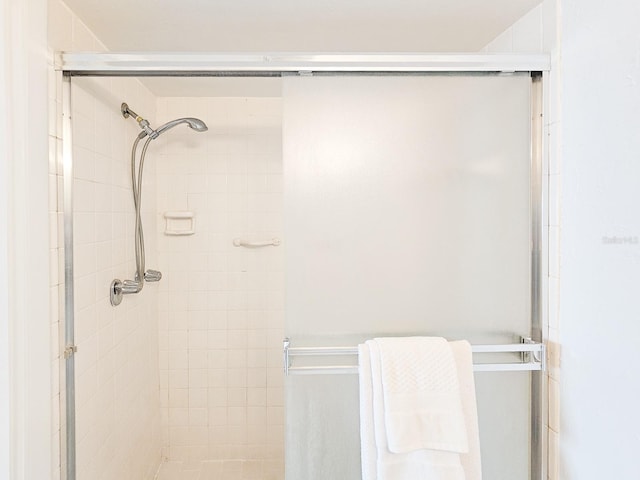 bathroom with a shower with door