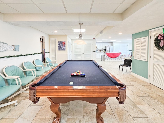 rec room with a paneled ceiling and pool table