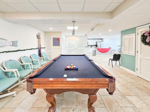 3606 S Peninsula Dr Unit 404, Port Orange, FL 32127 - recreation room with pool table, a paneled ceiling, a wainscoted wall, and recessed lighting