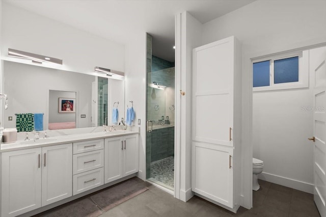 bathroom with tile patterned floors, vanity, toilet, and an enclosed shower