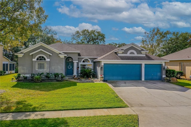 ranch-style home with a garage and a front yard