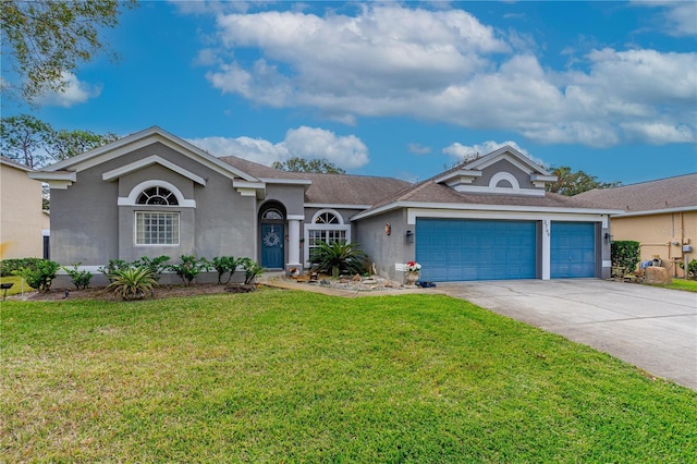 ranch-style home featuring a front yard and a garage