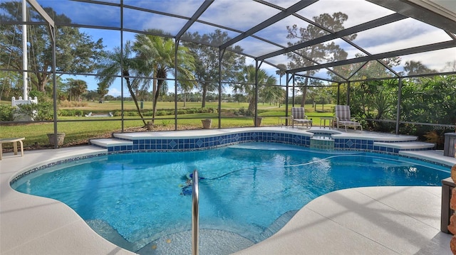 view of pool with a patio area, a lanai, and a lawn