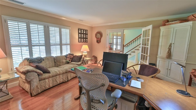 office area with crown molding and hardwood / wood-style floors