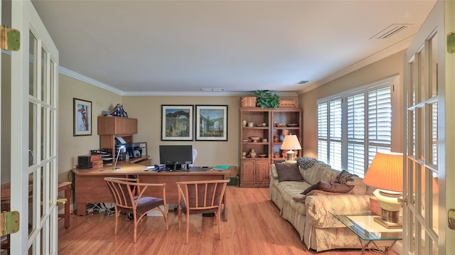 office area with light hardwood / wood-style flooring, french doors, and ornamental molding