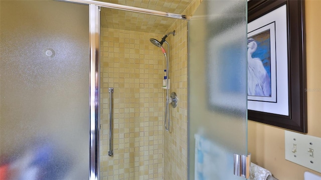 bathroom with a shower with door