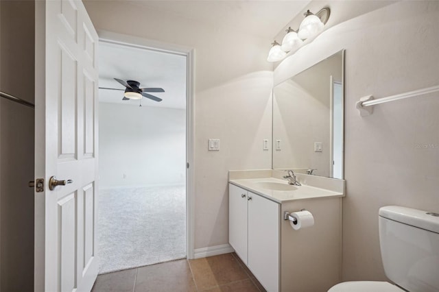 bathroom featuring ceiling fan, tile patterned flooring, vanity, and toilet