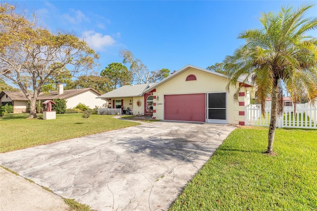 single story home featuring a front yard and a garage