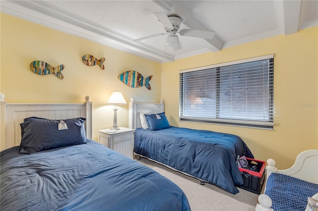 carpeted bedroom featuring crown molding, beam ceiling, a textured ceiling, and ceiling fan