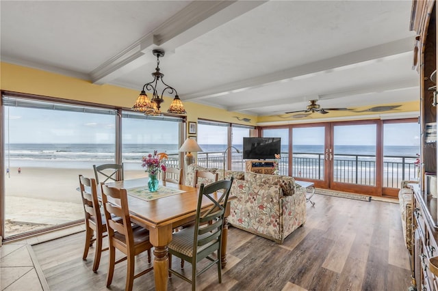 dining area with hardwood / wood-style floors, beam ceiling, and ceiling fan