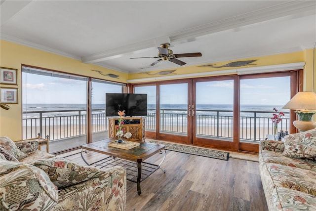 living room with beamed ceiling, a wealth of natural light, hardwood / wood-style floors, and crown molding