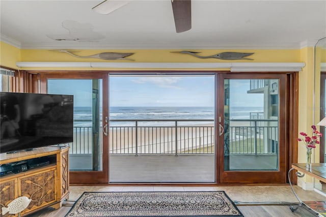 entryway featuring ornamental molding, a water view, and a beach view