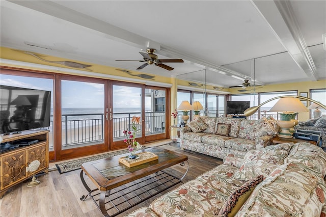 living room with ceiling fan and light hardwood / wood-style floors