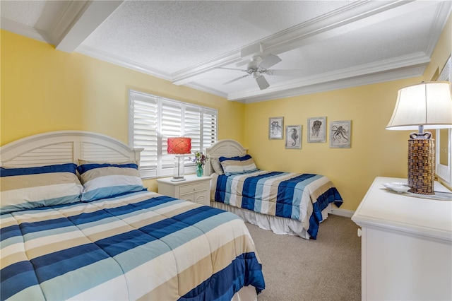 carpeted bedroom featuring beamed ceiling, ceiling fan, crown molding, and a textured ceiling