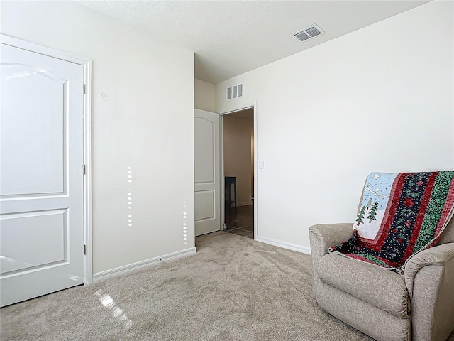 sitting room featuring light colored carpet and a textured ceiling