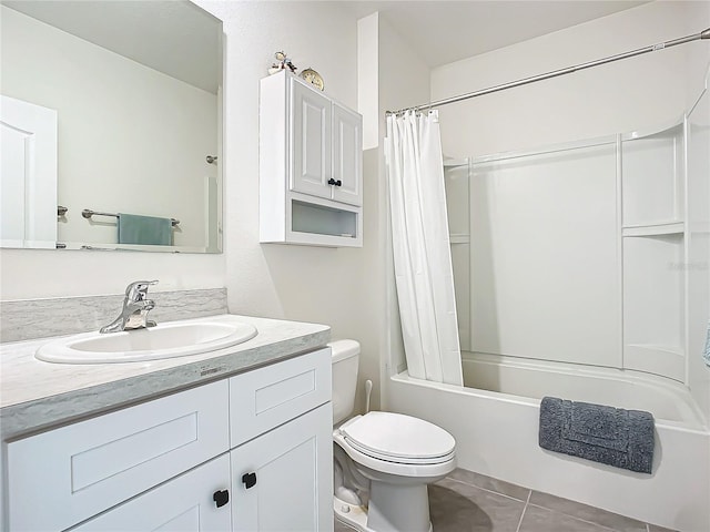 full bathroom with tile patterned flooring, shower / bath combo, vanity, and toilet