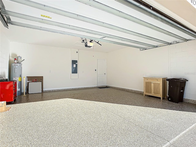 garage featuring a garage door opener, electric panel, and water heater