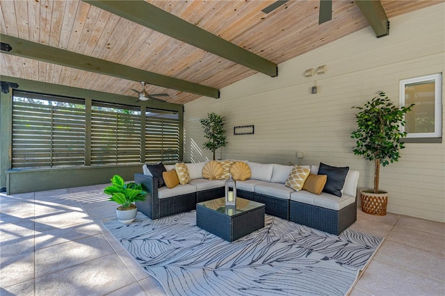 tiled living room with vaulted ceiling with beams, ceiling fan, and wooden ceiling