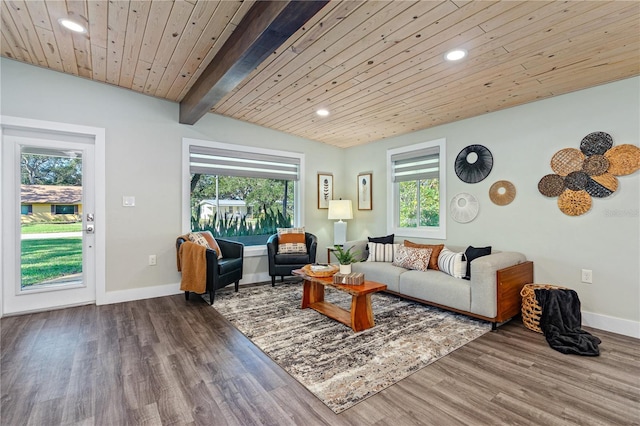 living room with wood-type flooring, lofted ceiling with beams, and wood ceiling