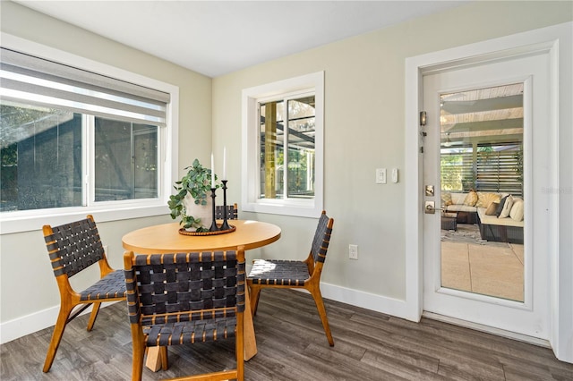 dining area with a healthy amount of sunlight and dark wood-type flooring