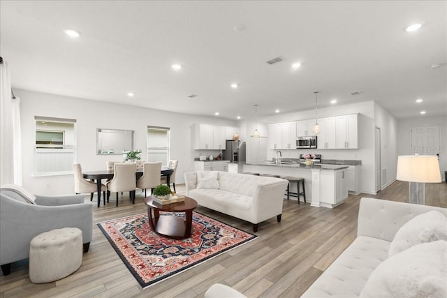 living room featuring sink and light hardwood / wood-style floors