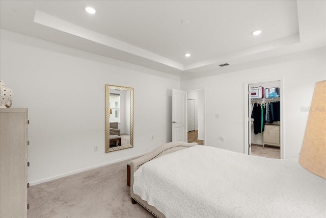 carpeted bedroom featuring a spacious closet, a raised ceiling, and a closet