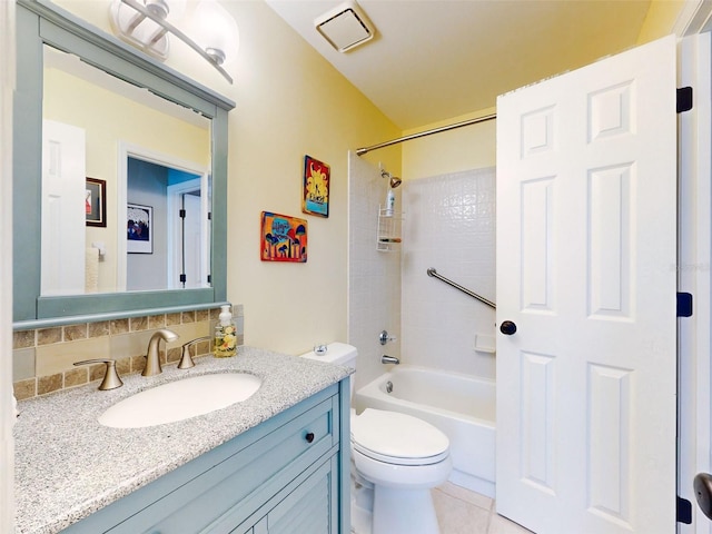 bathroom featuring visible vents, toilet, tub / shower combination, vanity, and backsplash