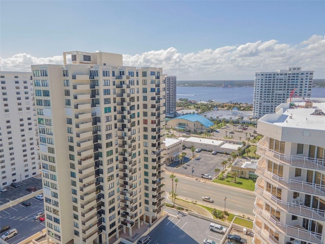 exterior space with a water view