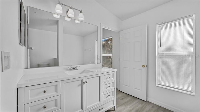 bathroom featuring hardwood / wood-style floors, vanity, a healthy amount of sunlight, and toilet