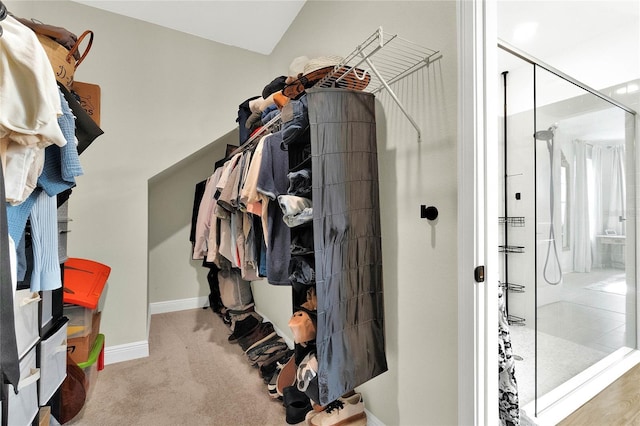 spacious closet featuring light colored carpet