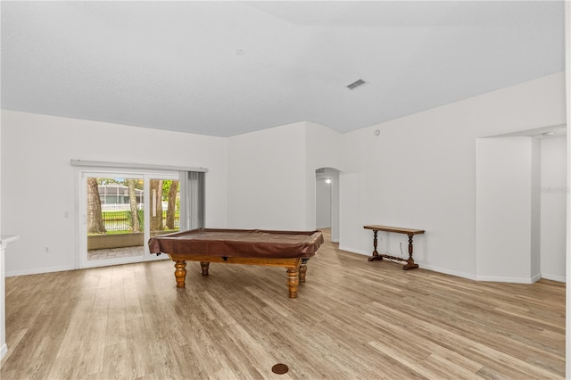 recreation room with light hardwood / wood-style flooring and billiards