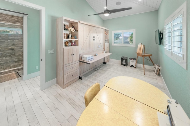 bathroom featuring hardwood / wood-style floors, wooden ceiling, ceiling fan, and lofted ceiling