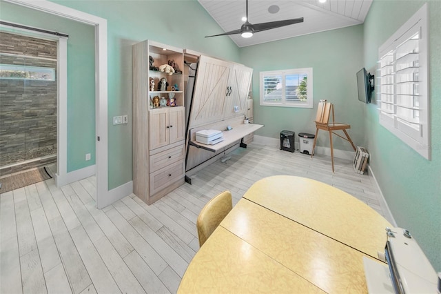 bathroom with hardwood / wood-style floors, wooden ceiling, ceiling fan, and lofted ceiling