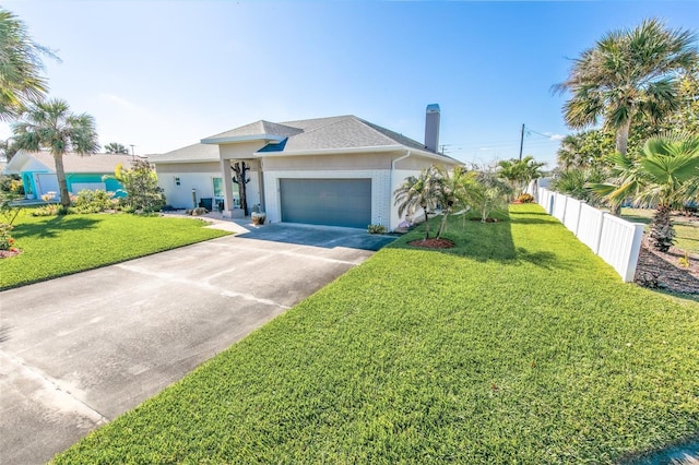 view of front of home with a front lawn and a garage