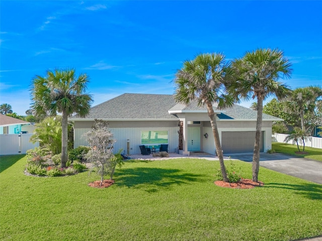 view of front of house with a front yard and a garage