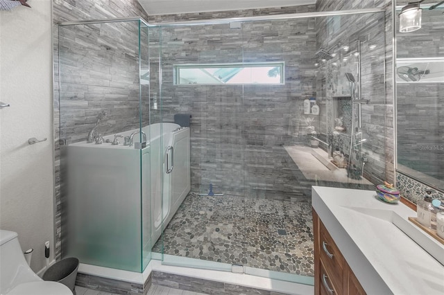 bathroom with vanity, toilet, and an enclosed shower