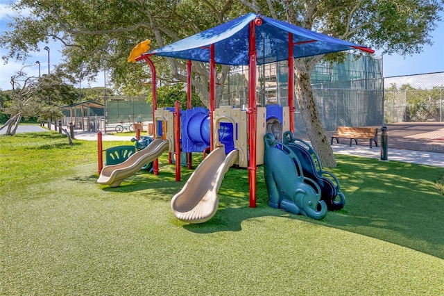 view of jungle gym with a yard