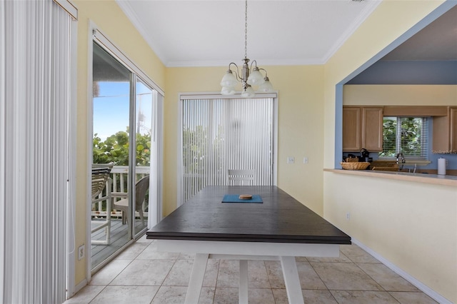 unfurnished dining area with light tile patterned floors, ornamental molding, and a notable chandelier