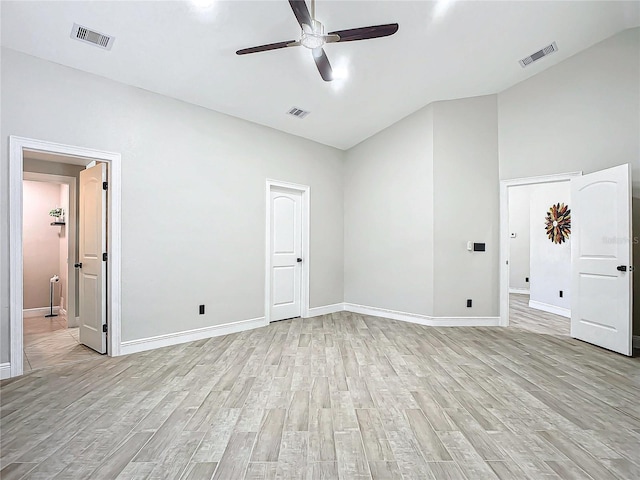 unfurnished room with ceiling fan and light hardwood / wood-style flooring