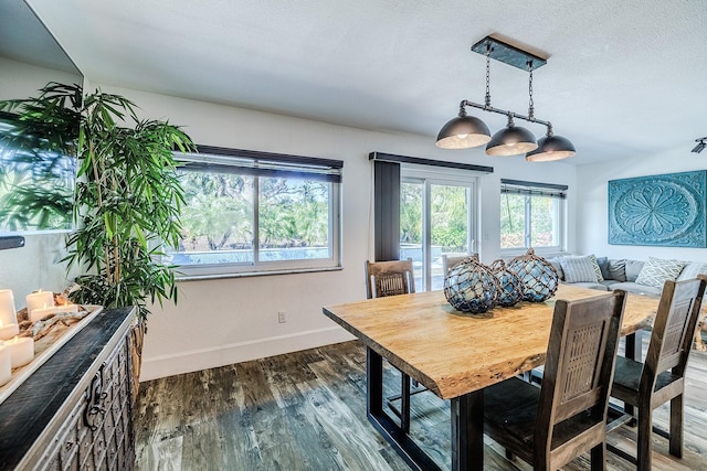 dining room featuring dark wood-type flooring and a textured ceiling