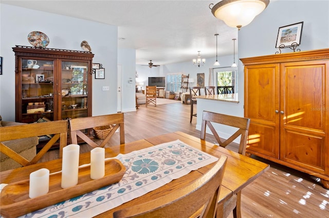 dining area with ceiling fan with notable chandelier and light hardwood / wood-style floors