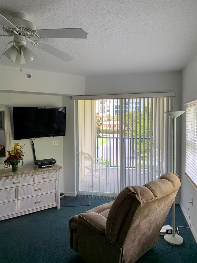 sitting room featuring a healthy amount of sunlight, a textured ceiling, and carpet flooring