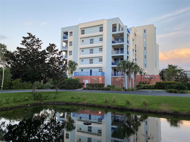 outdoor building at dusk with a water view