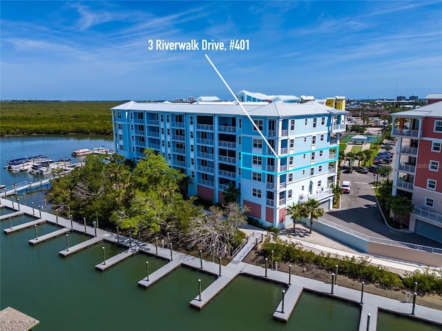 drone / aerial view with a water view