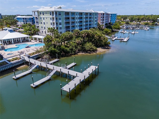 bird's eye view with a water view