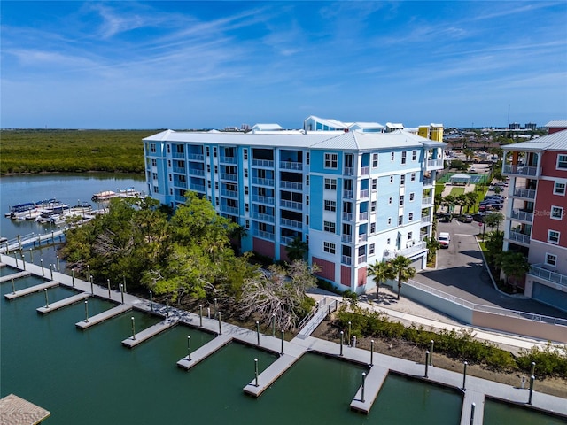 view of building exterior with a water view