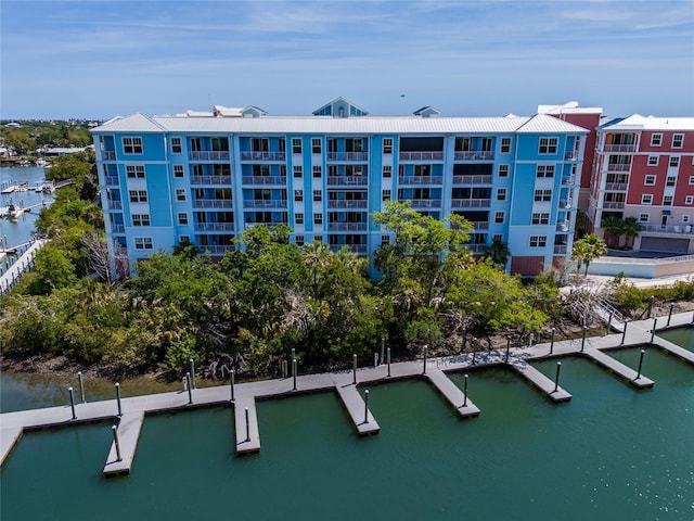 view of building exterior with a water view