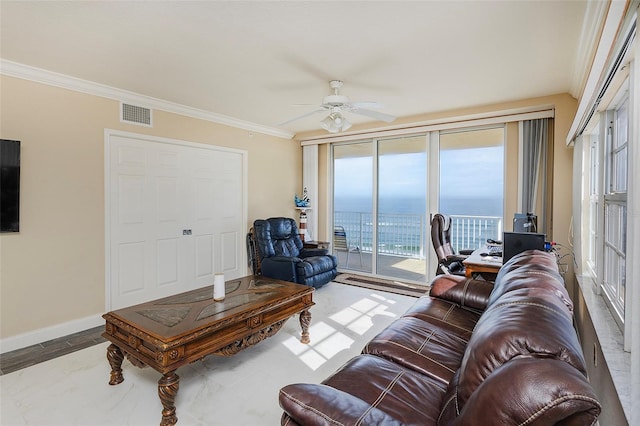 living room with ceiling fan, a wall of windows, a water view, and ornamental molding