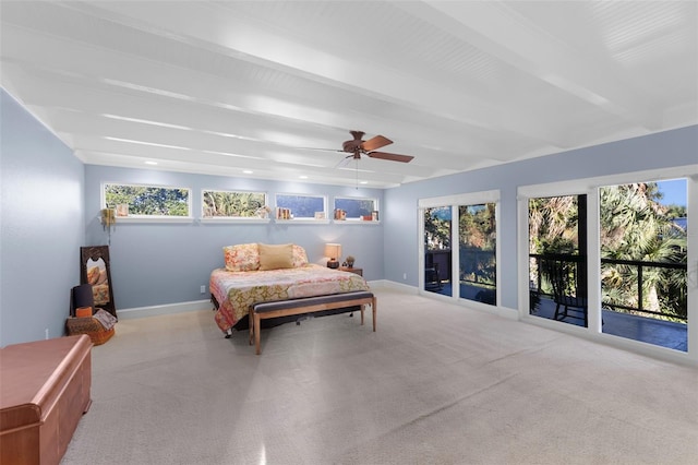 carpeted bedroom featuring beamed ceiling, multiple windows, access to outside, and ceiling fan