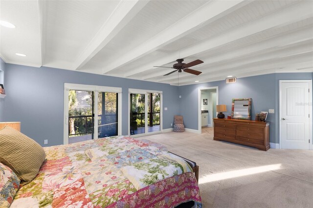 bedroom with access to exterior, carpet floors, ceiling fan, and beamed ceiling